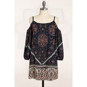 Bailey Blue Boho Floral Medallion Off Shoulder Puff Sleeve dress